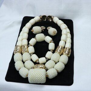 Ivory Beaded Necklace, Bracelet & Earrings Set | Gold Tone Statement